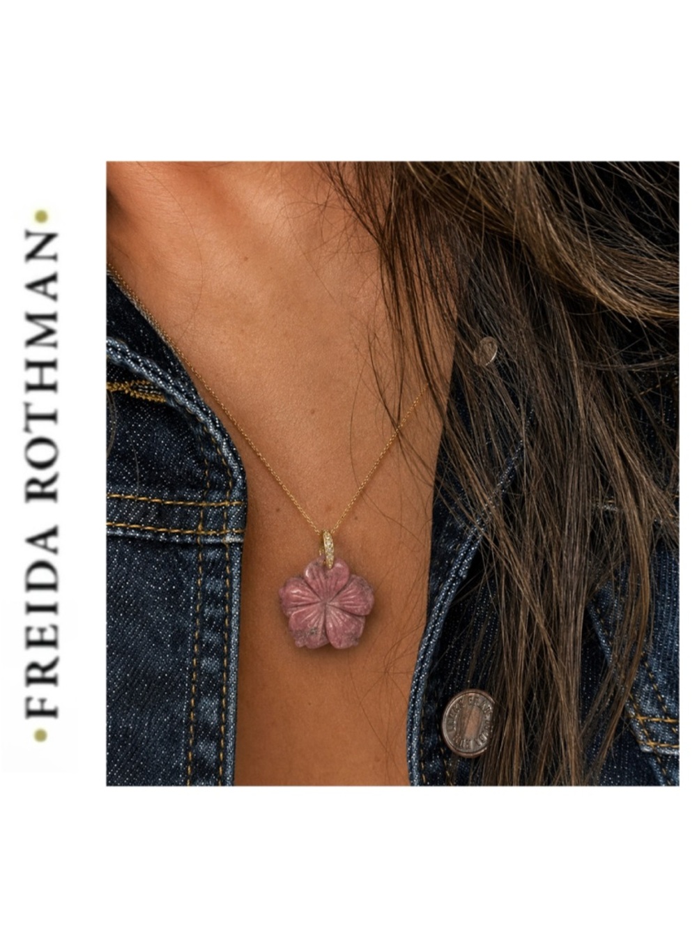 Freida Rothman Vault Hand-Carved Rose Quartz Flower Pendant Brass Based